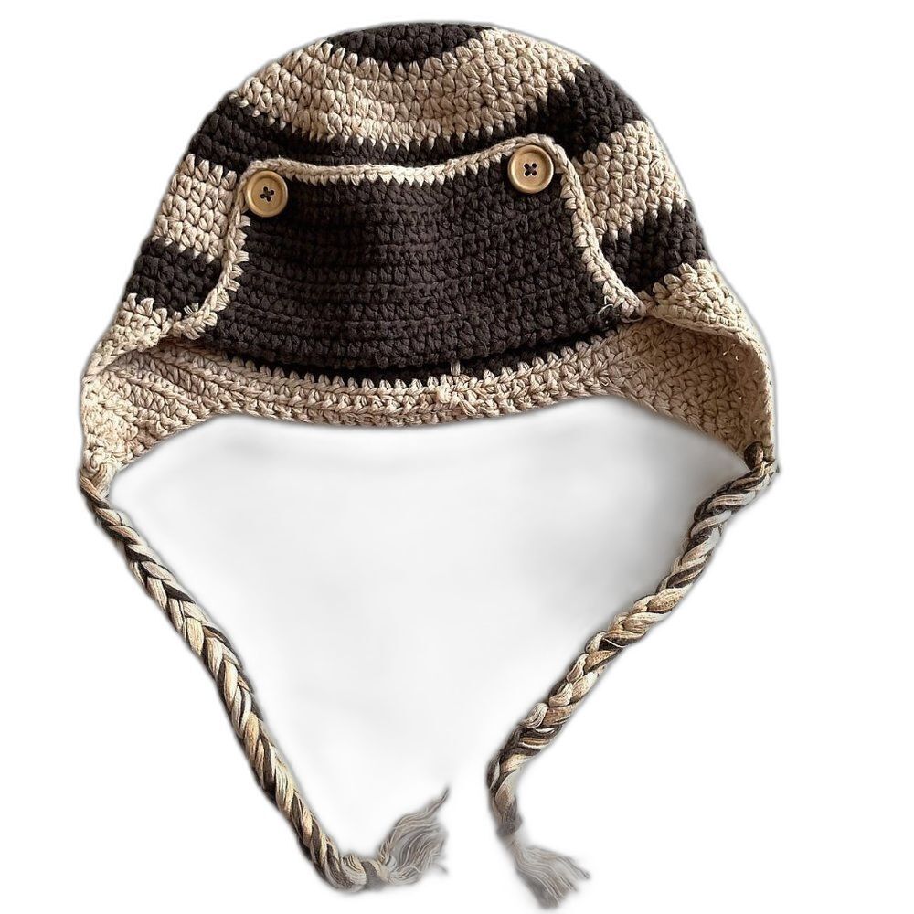Brown Tan Kids Knit Hat With Buttons And Braids